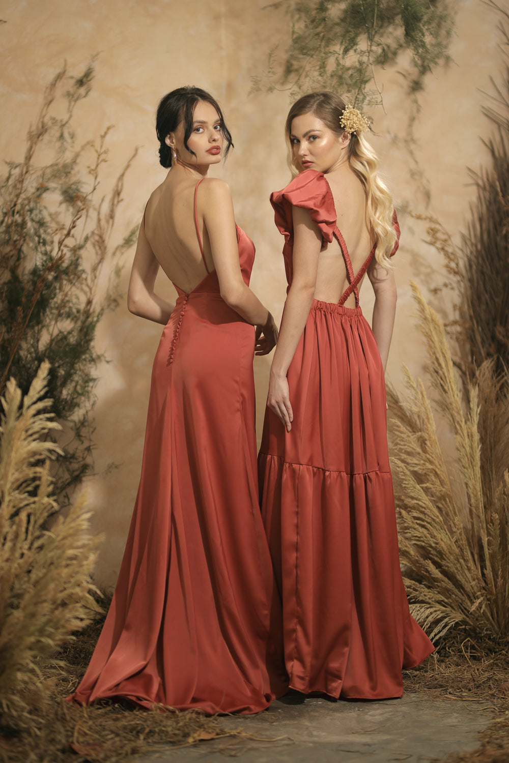 COSTA BRAVA Puff Sleeve Cross Back Maxi Dress (Rust Silk)