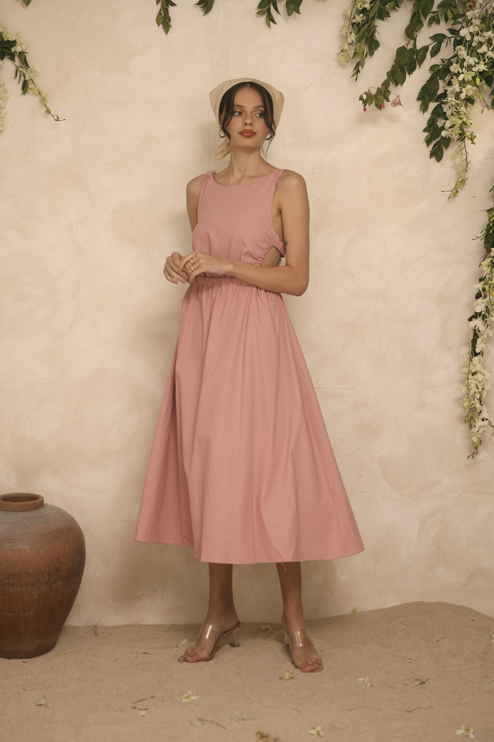 SIERRA Gartered Backless Midi Dress (Pink Linen) Zoo Label SIERRA Gartered Backless Midi Dress (Pink Linen) Zoo Label