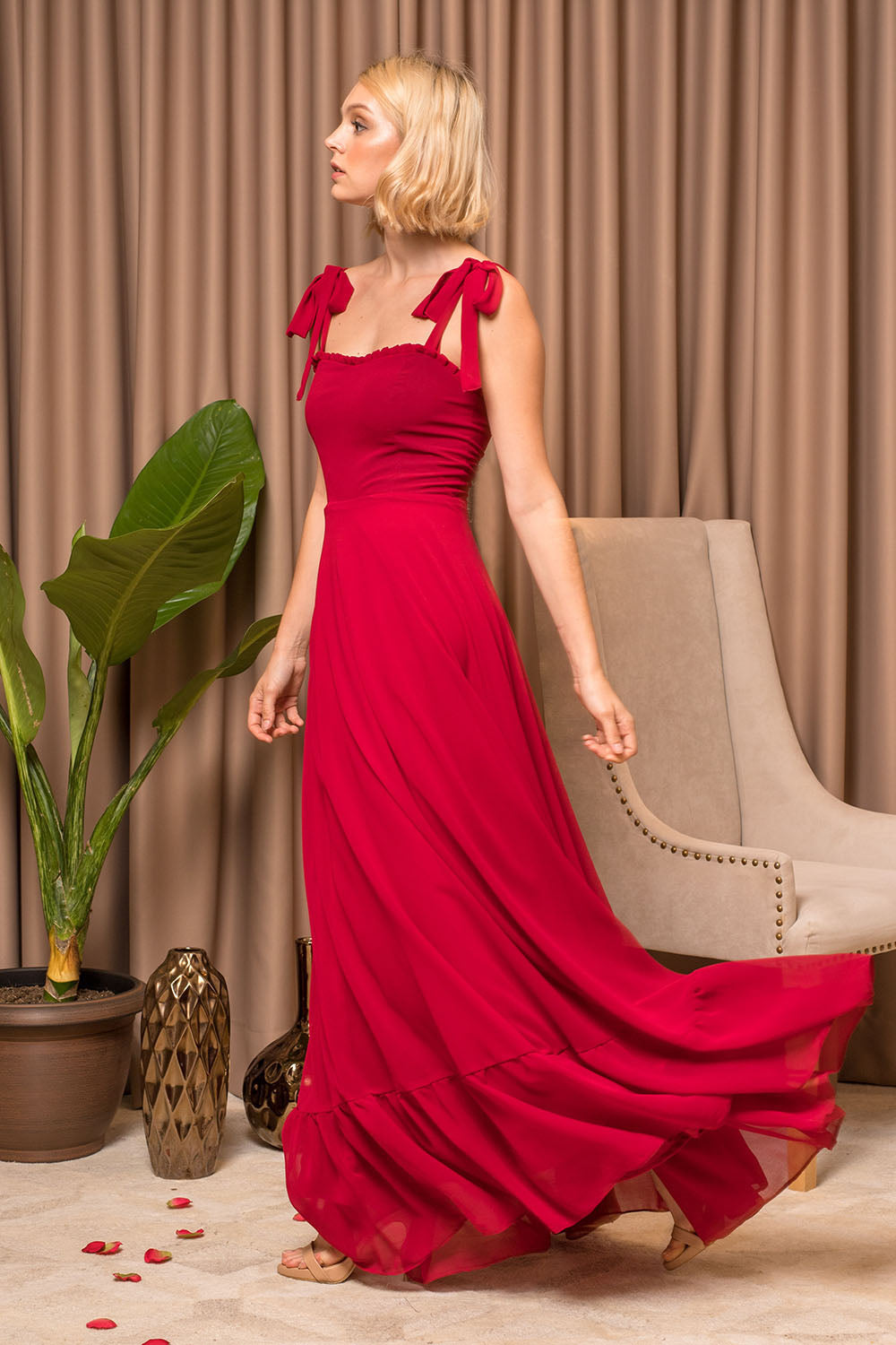 OAHU Chiffon Maxi Dress with Bow Straps (Maroon Chiffon)
