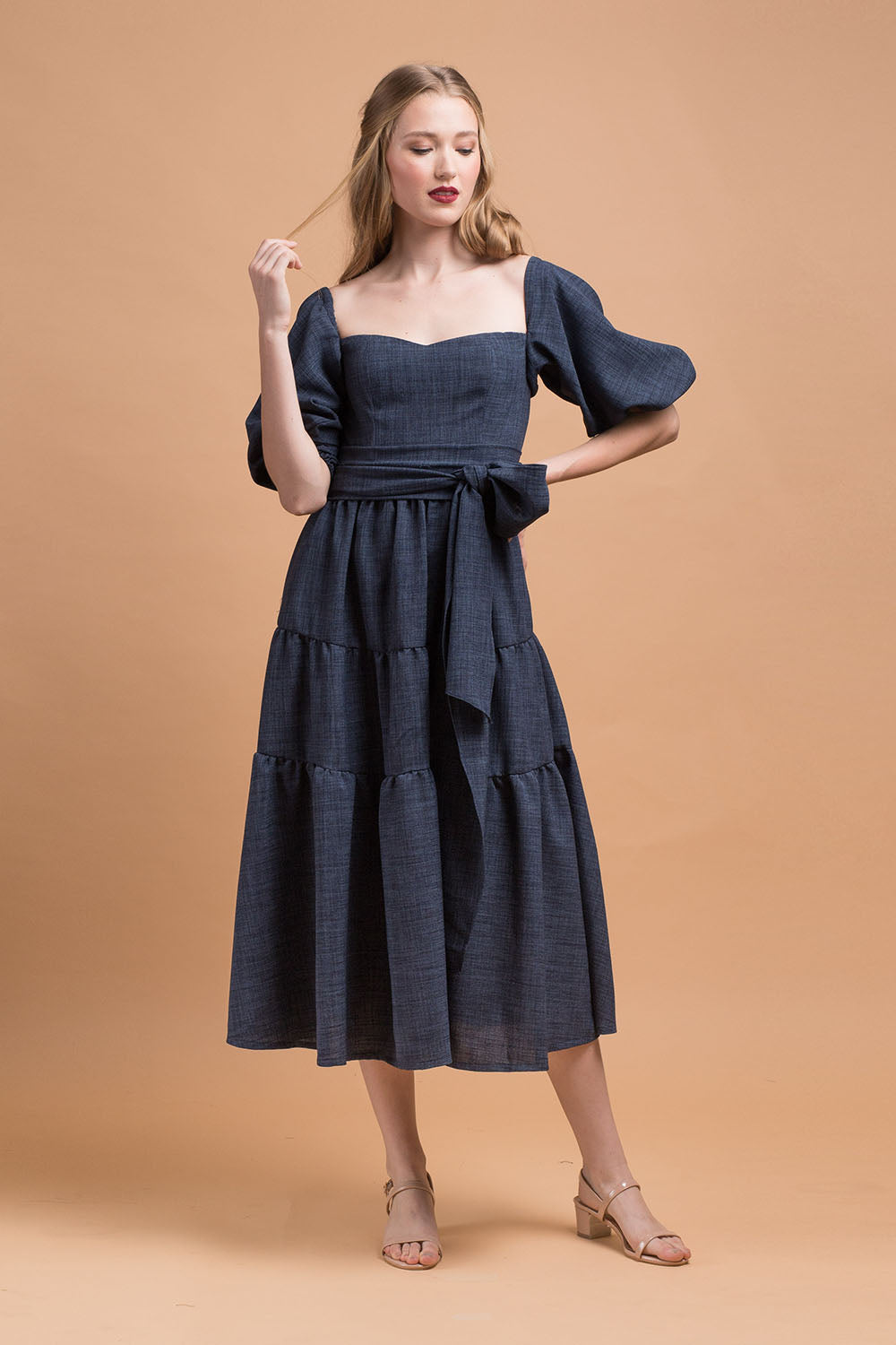 MARQUITA Puff Sleeve Midi Dress with Detachable Tie (Midnight Blue Linen) MARQUITA Puff Sleeve Midi Dress with Detachable Tie (Midnight Blue Linen)