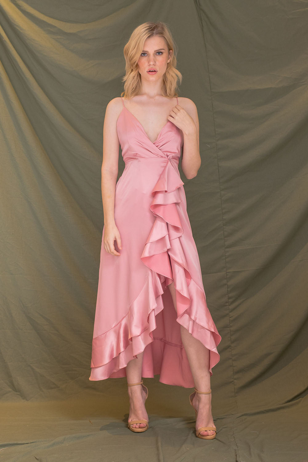 LAS PALMAS Deep V Wrap Midi Dress with Cascading Ruffles (Rose Pink Silk)