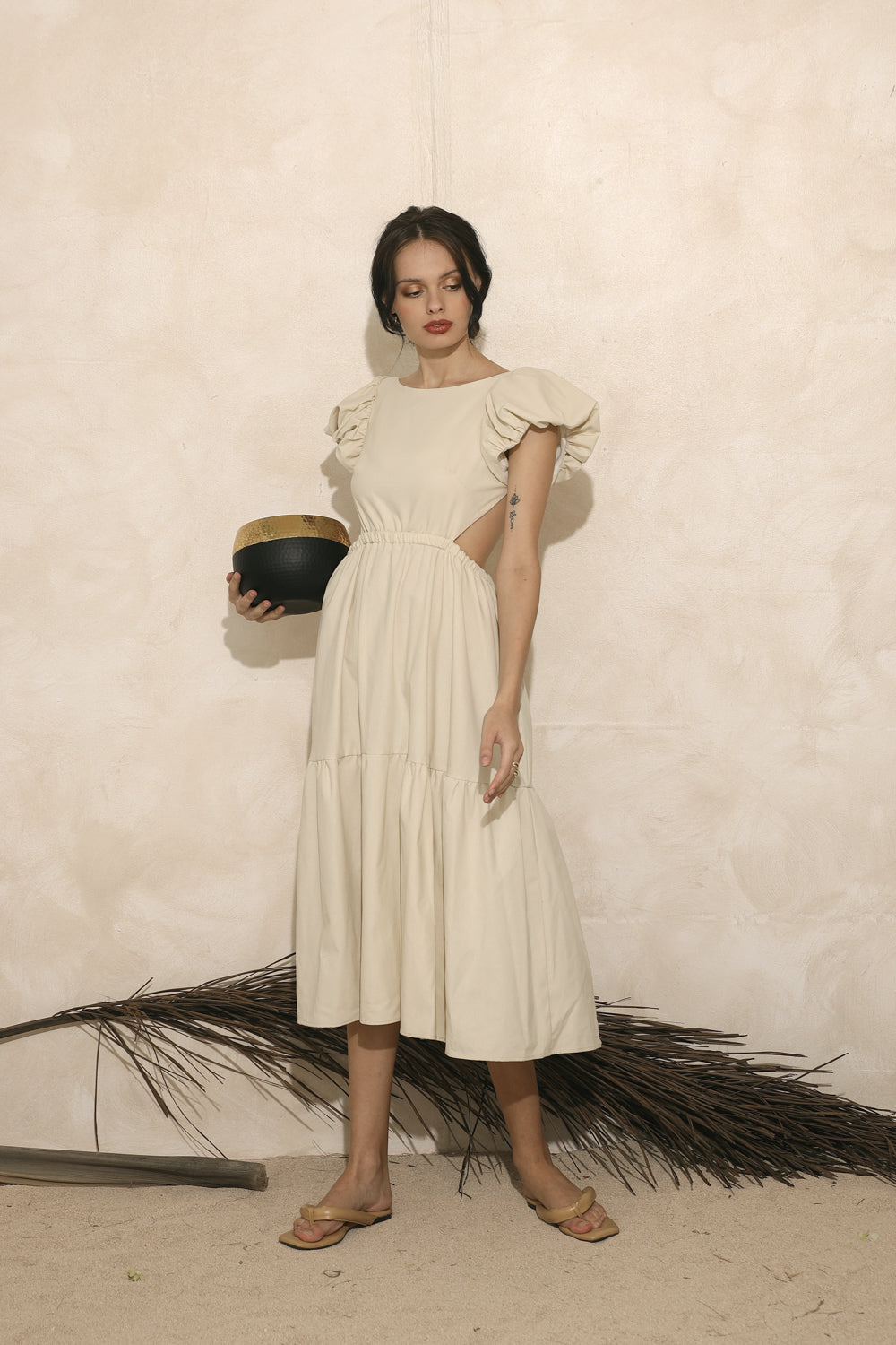 CUENCA Puff Sleeve Cross Back Gartered Midi Dress (Beige Linen) CUENCA Puff Sleeve Cross Back Gartered Midi Dress (Beige Linen)