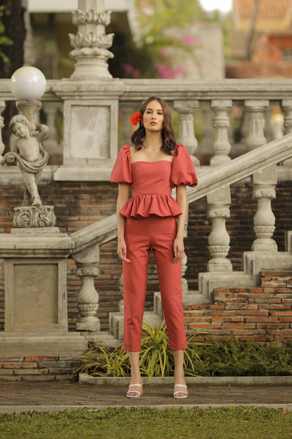 CLARA PANTS SET Peplum Puff Sleeve Blouse (Rust Linen)