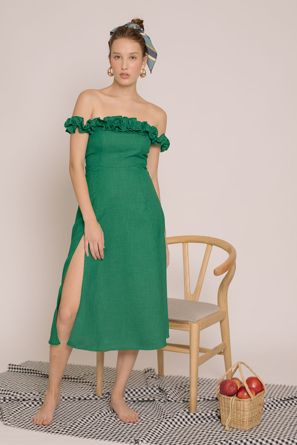 MEXICO Ruffled Off Shoulder Midi Dress with Slit (Emerald Green Linen) MEXICO Ruffled Off Shoulder Midi Dress with Slit (Emerald Green Linen)