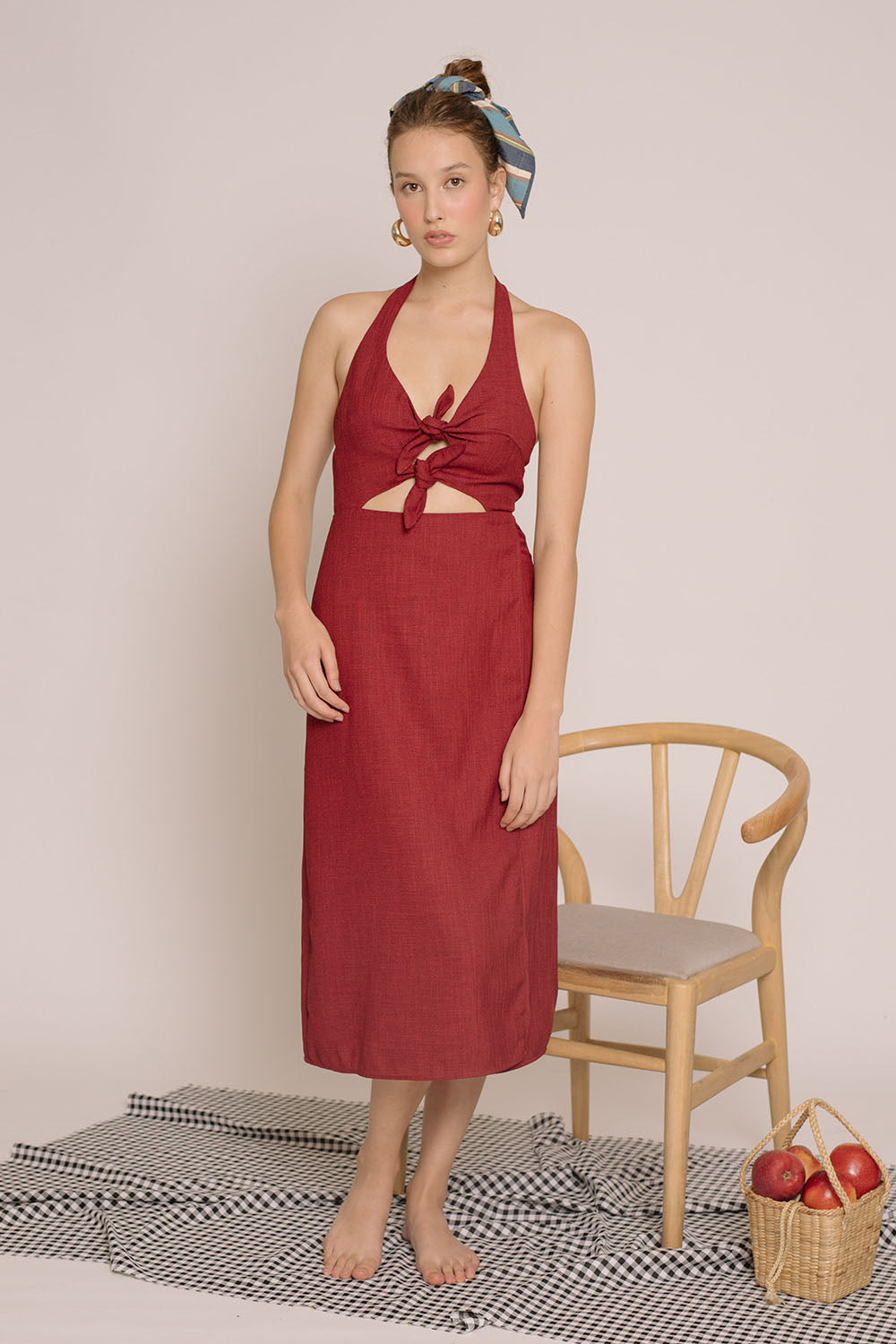 MALTA Double Bow Halter Midi Dress Maroon Crepe