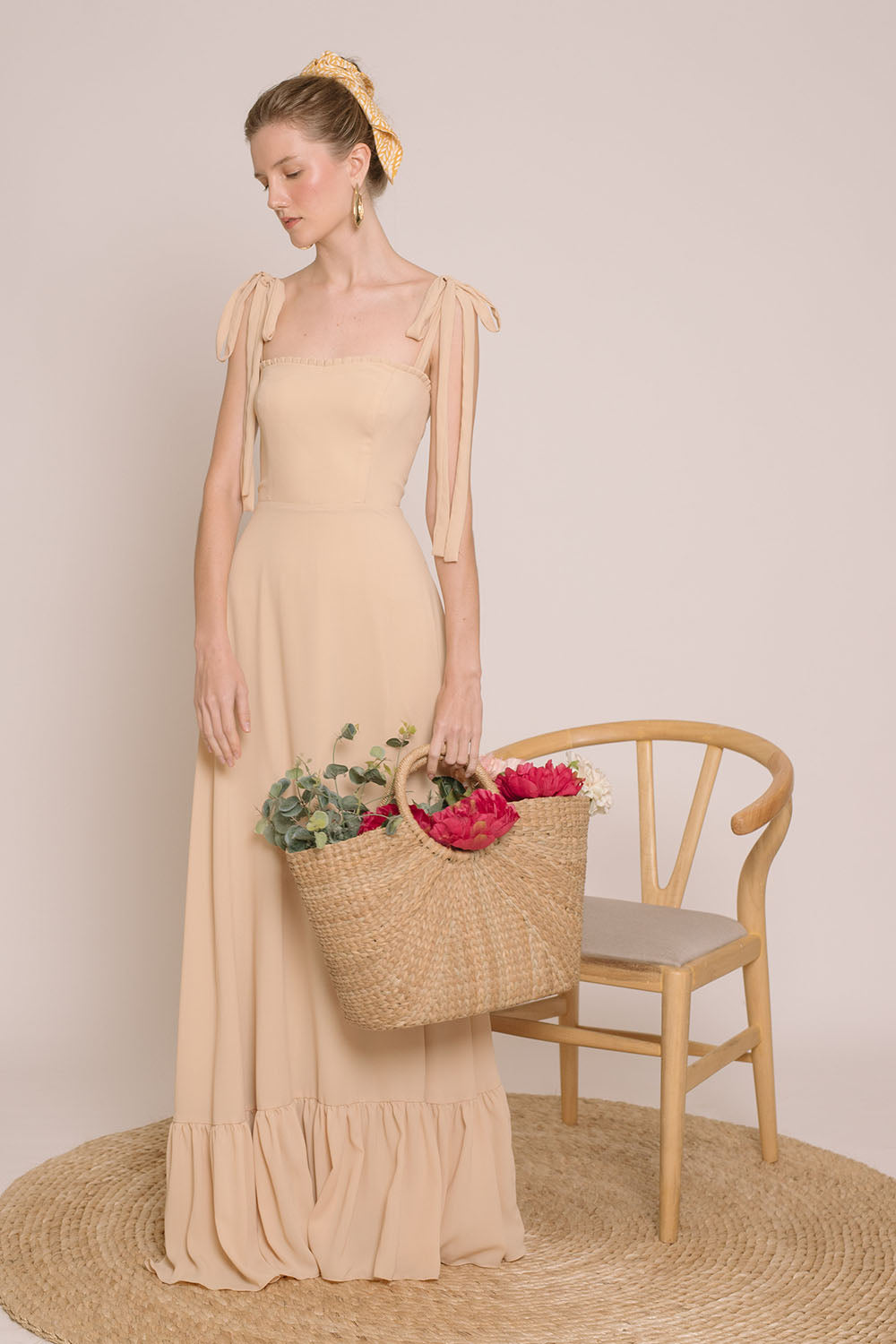OAHU Chiffon Maxi Dress with Bow Straps (Nude Chiffon) OAHU Chiffon Maxi Dress with Bow Straps (Nude Chiffon)