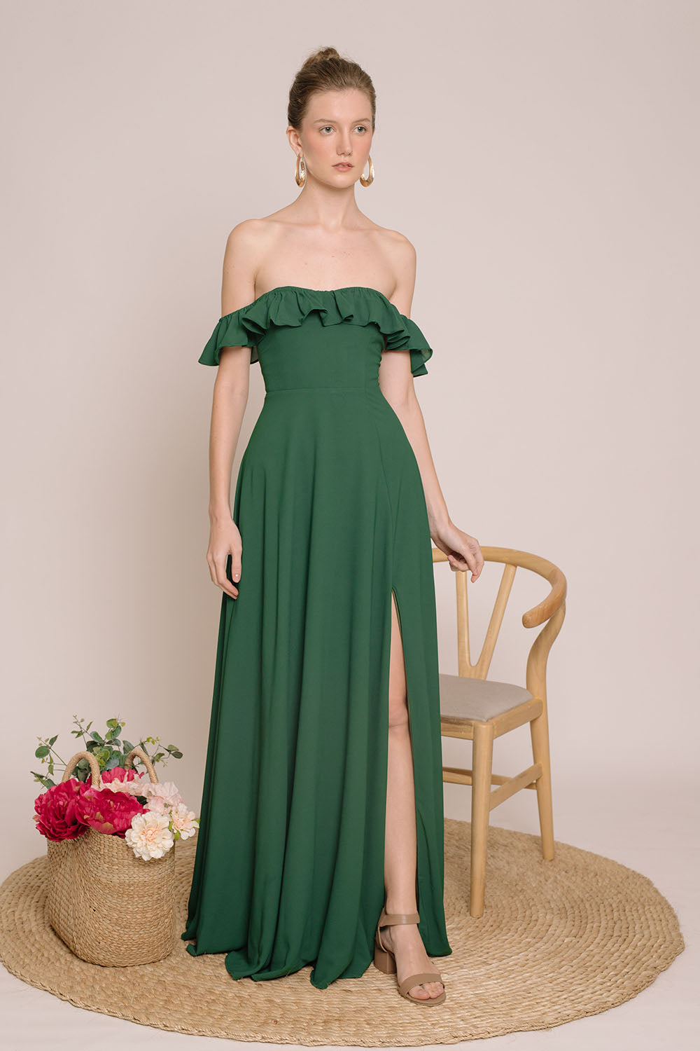 TALITA Off Shoulder Ruffled Maxi Dress with Slit (Emerald Green Chiffon)
