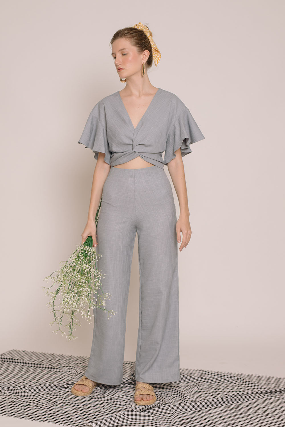 ZAMBIA SET Twist Front Top with Sleeves and Culottes (Serenity Blue Crepe)