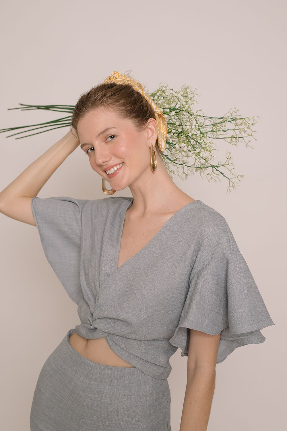 ZAMBIA Twist Front Top with Sleeves (Serenity Blue Crepe)