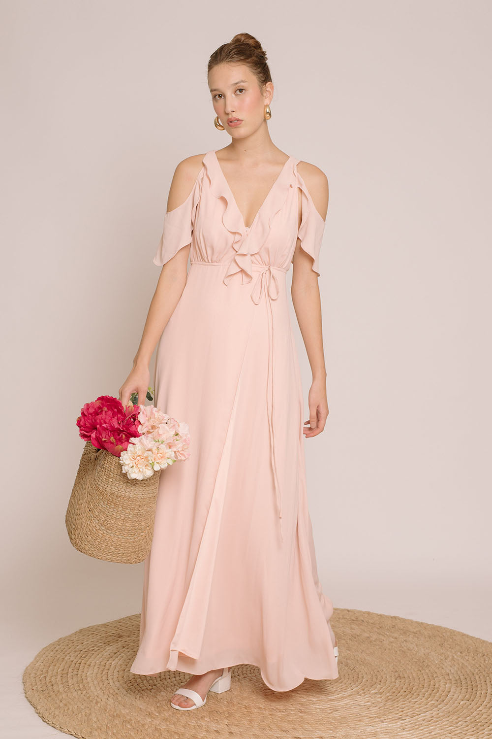 ESPERANZA V Ruffle Front Maxi Dress with Wrap Skirt and Off