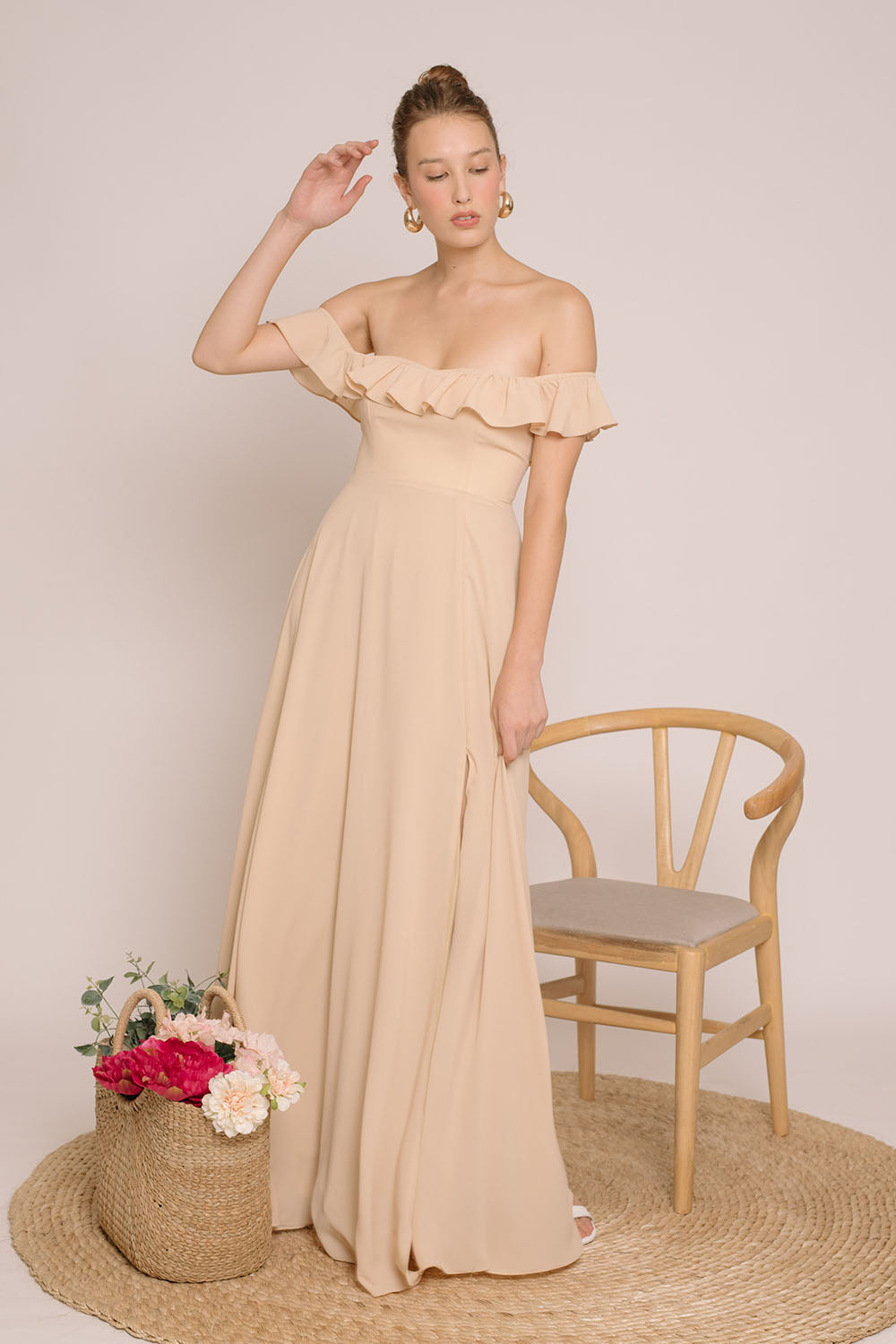 TALITA Off Shoulder Ruffled Maxi Dress with Slit (Nude Chiffon) TALITA Off Shoulder Ruffled Maxi Dress with Slit (Nude Chiffon)