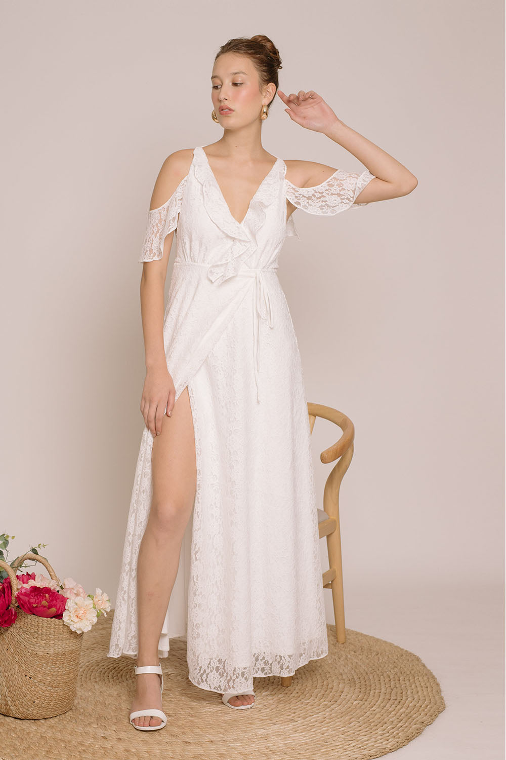 ESPERANZA V Ruffle Front Maxi Dress with Wrap Skirt and Off Shoulder (White Lace)