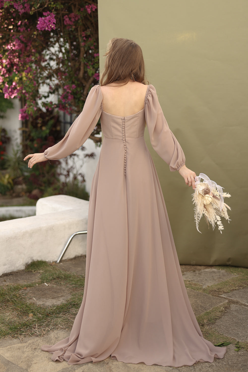 SIENNA Full Sleeve Chiffon Maxi Dress with Trail and Covered Button Back Detail (Taupe Chiffon) SIENNA Full Sleeve Chiffon Maxi Dress with Trail and Covered Button Back Detail (Taupe Chiffon)