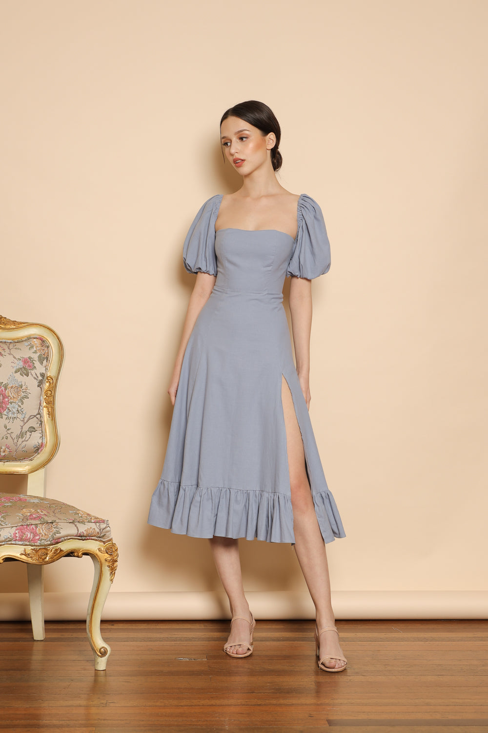 MARCELA Puff Sleeve Semi Sweetheart Midi Dress with Slit and Ruffle Hem (Serenity Blue Linen) MARCELA Puff Sleeve Semi Sweetheart Midi Dress with Slit and Ruffle Hem (Serenity Blue Linen)