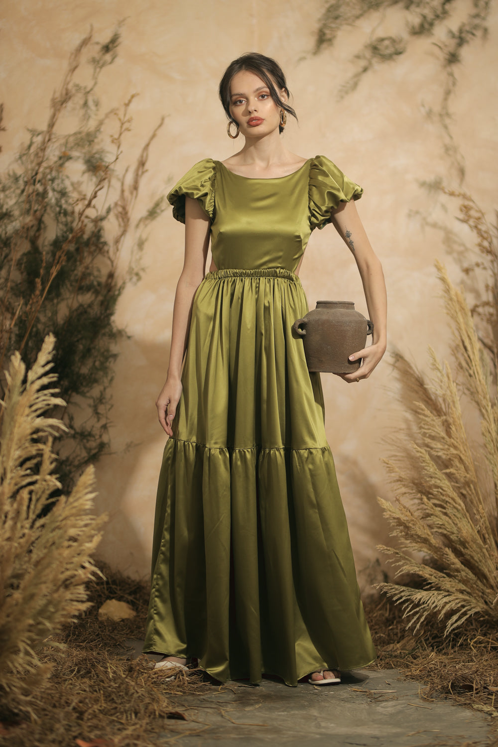 COSTA BRAVA Puff Sleeve Cross Back Maxi Dress (Sage Green Silk) Zoo Label COSTA BRAVA Puff Sleeve Cross Back Maxi Dress (Sage Green Silk) Zoo Label