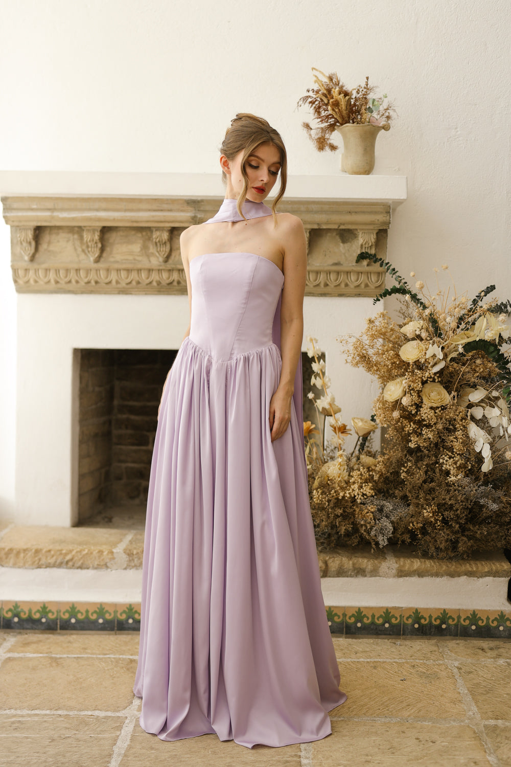 CLEO Strapless Drop Waist Maxi with Covered Button Back Detail and Sash Neckpiece (Lavender SC Silk)