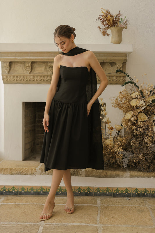 ELODIE Strapless Drop Waist Midi Dress with Sash Neckpiece (Black Linen Blend)