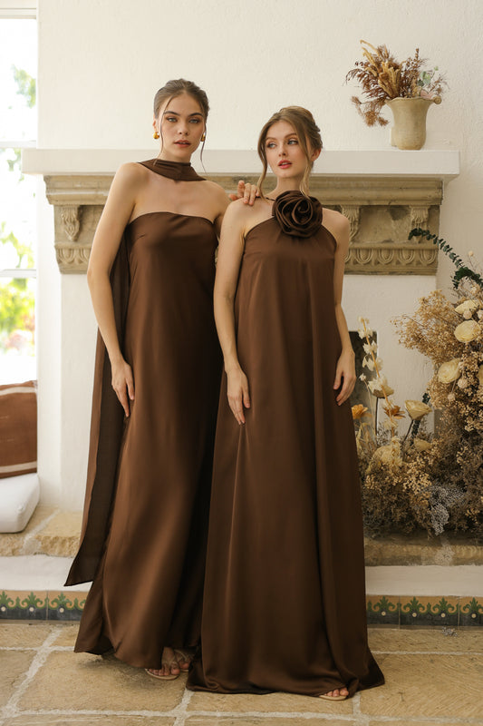 FLORA Flowy Maxi with Floral Detail on Neckline (Brown Crepe Charmeuse Silk)