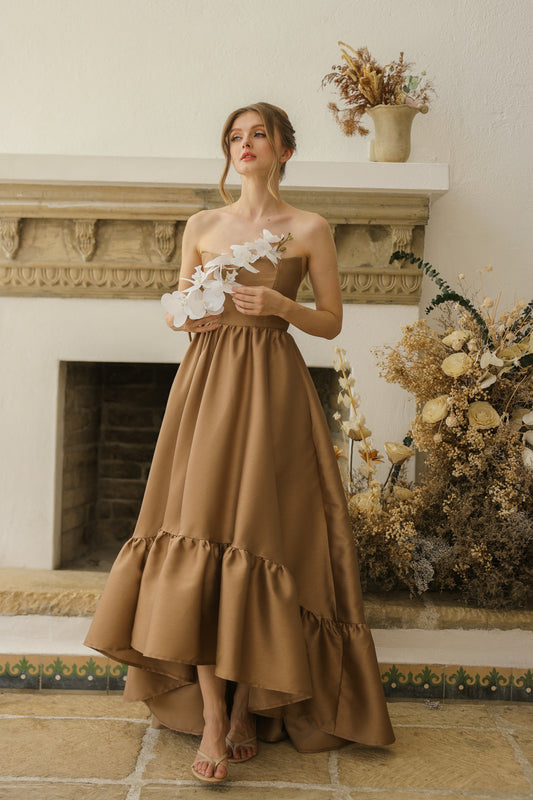 MADELEINE Strapless High Low Gown with Ruffle Hem (Khaki Gazaar)
