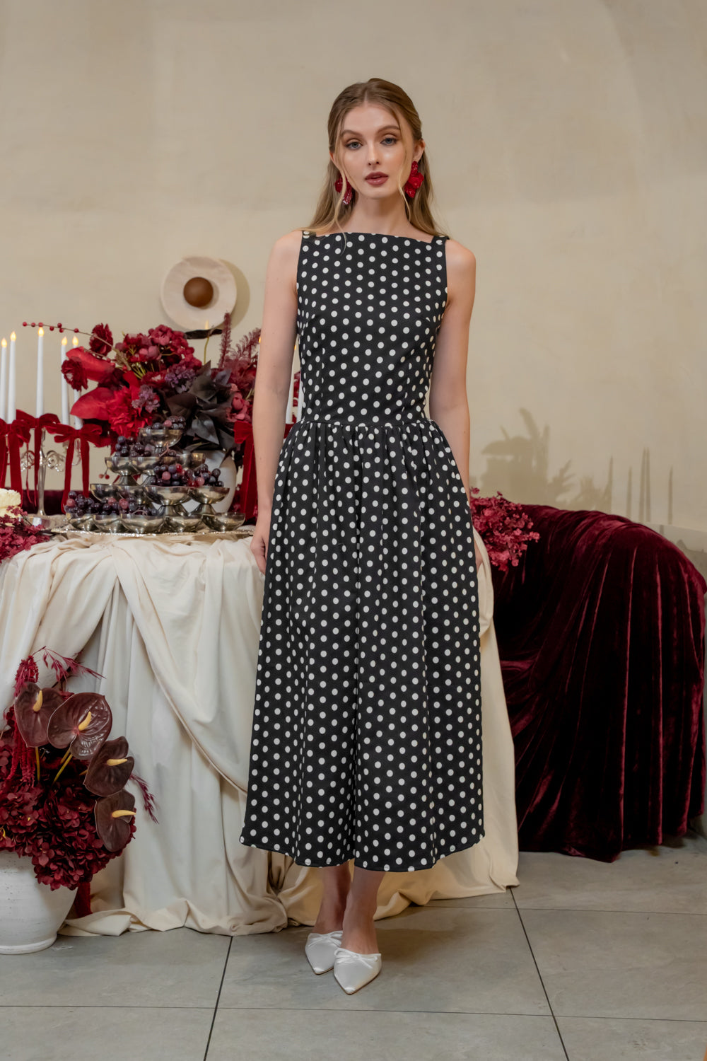 ROSINE DRESS Sleeveless Boat Neck Midi Dress (Polkadot)