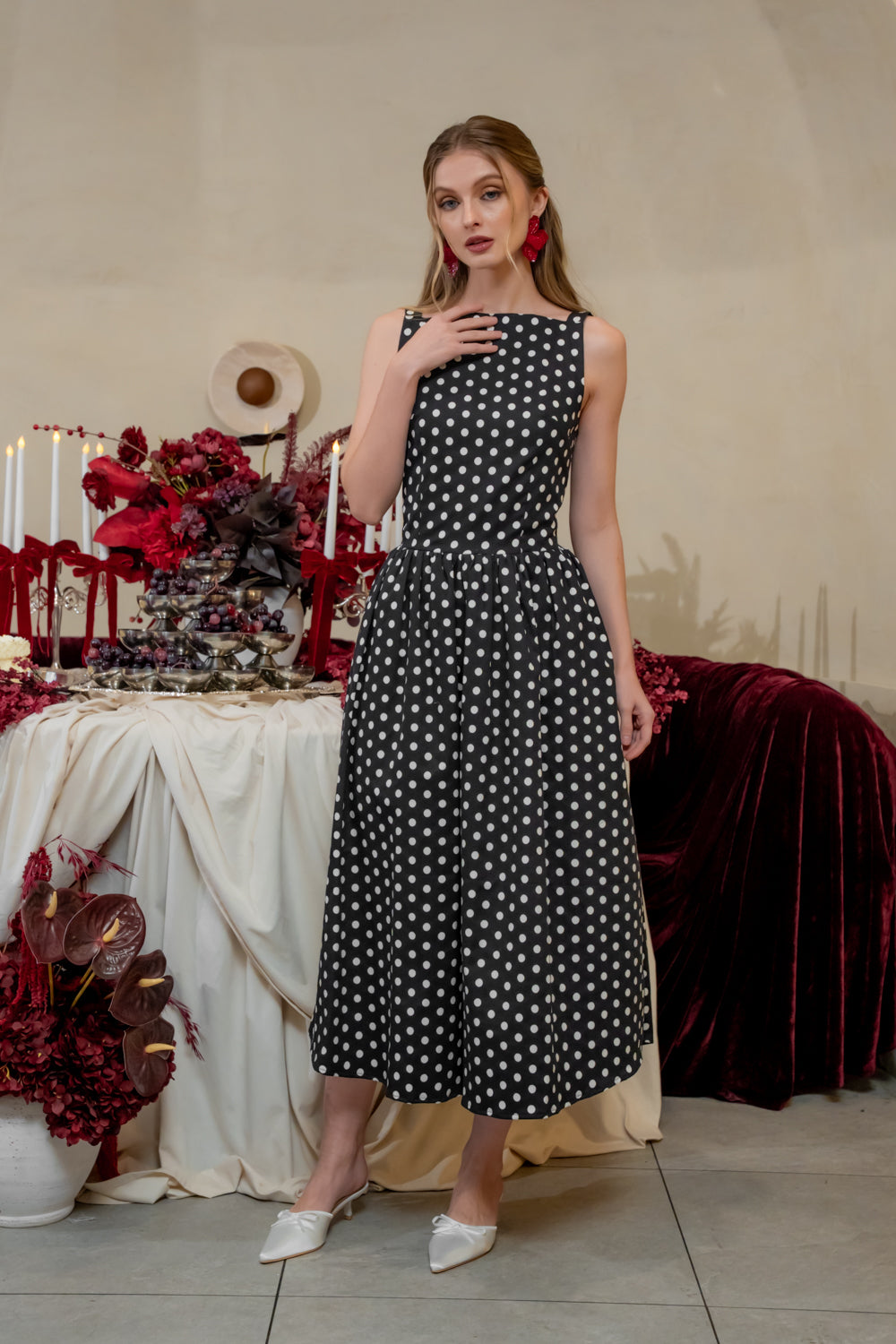 ROSINE DRESS Sleeveless Boat Neck Midi Dress (Polkadot)