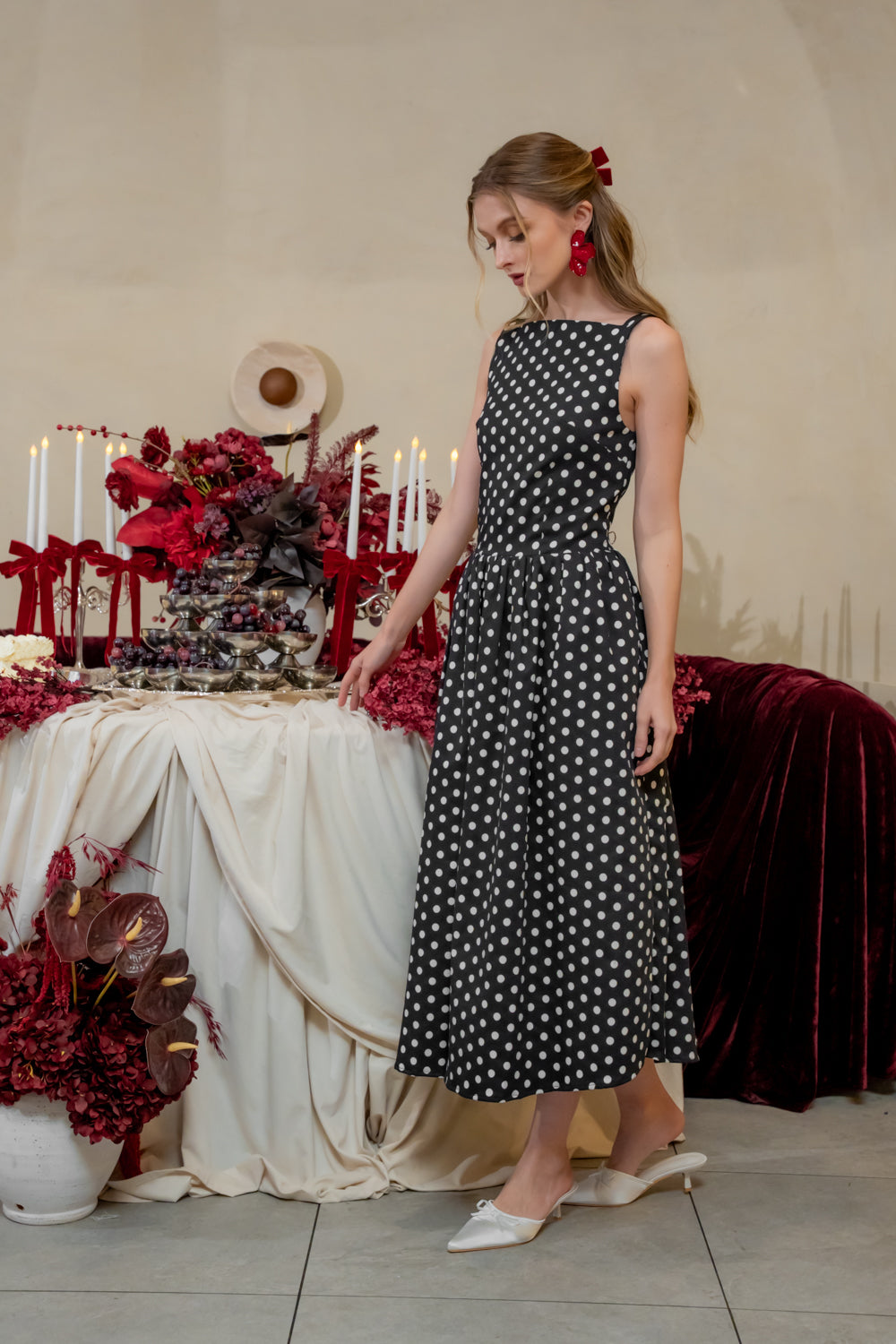 ROSINE DRESS Sleeveless Boat Neck Midi Dress (Polkadot)