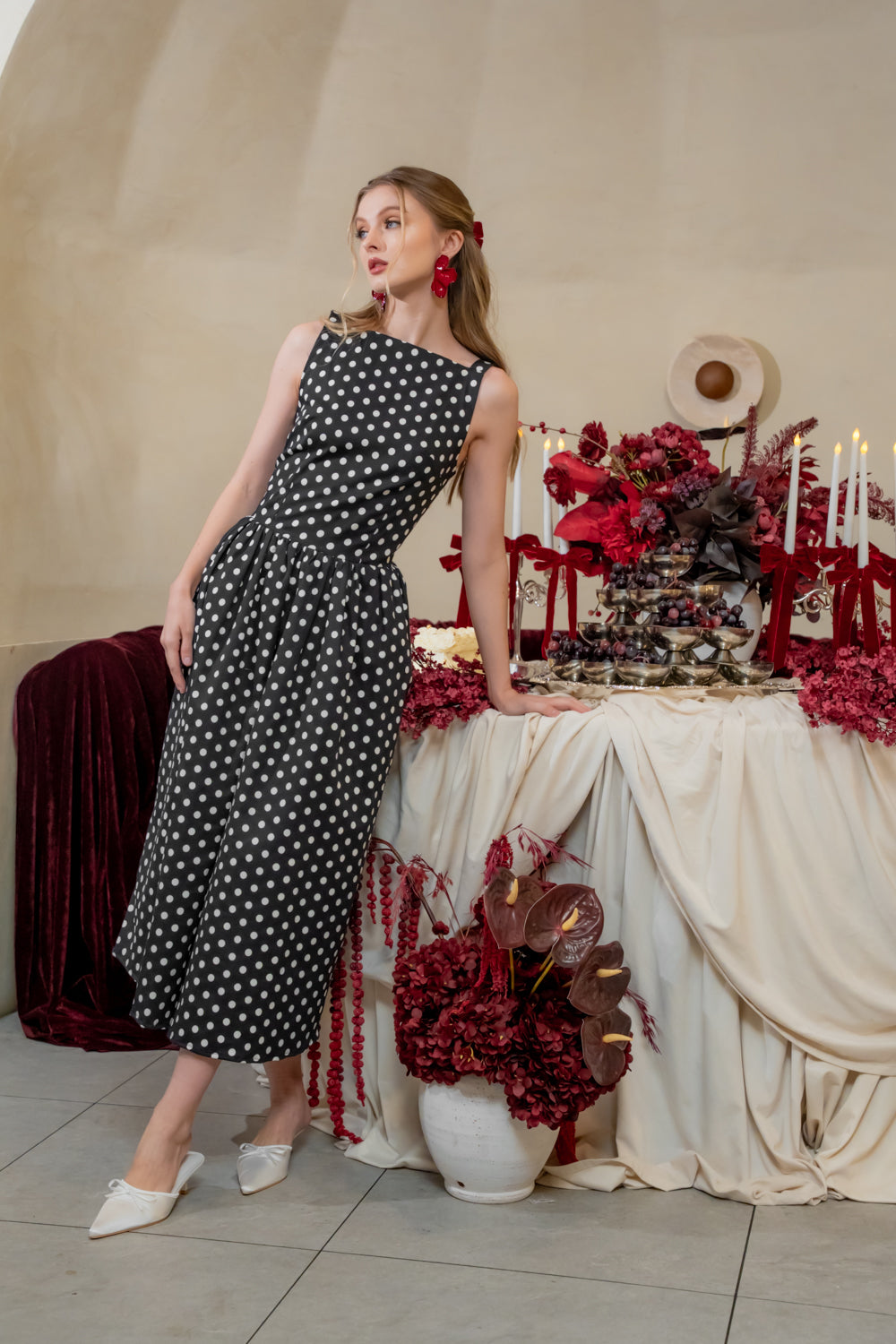 ROSINE DRESS Sleeveless Boat Neck Midi Dress (Polkadot)