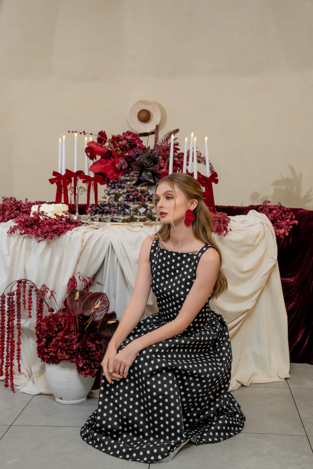 ROSINE DRESS Sleeveless Boat Neck Midi Dress (Polkadot)