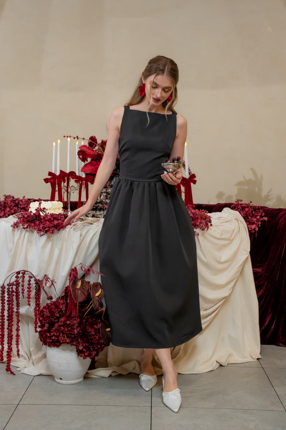 ROSINE DRESS Sleeveless Boat Neck Midi Dress (Black Neocrepe)