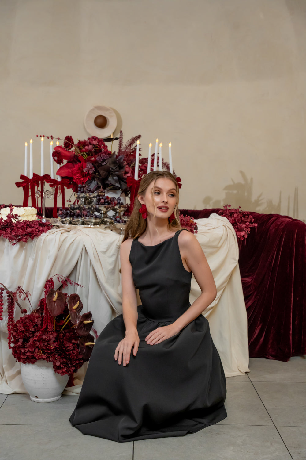 ROSINE DRESS Sleeveless Boat Neck Midi Dress (Black Neocrepe)