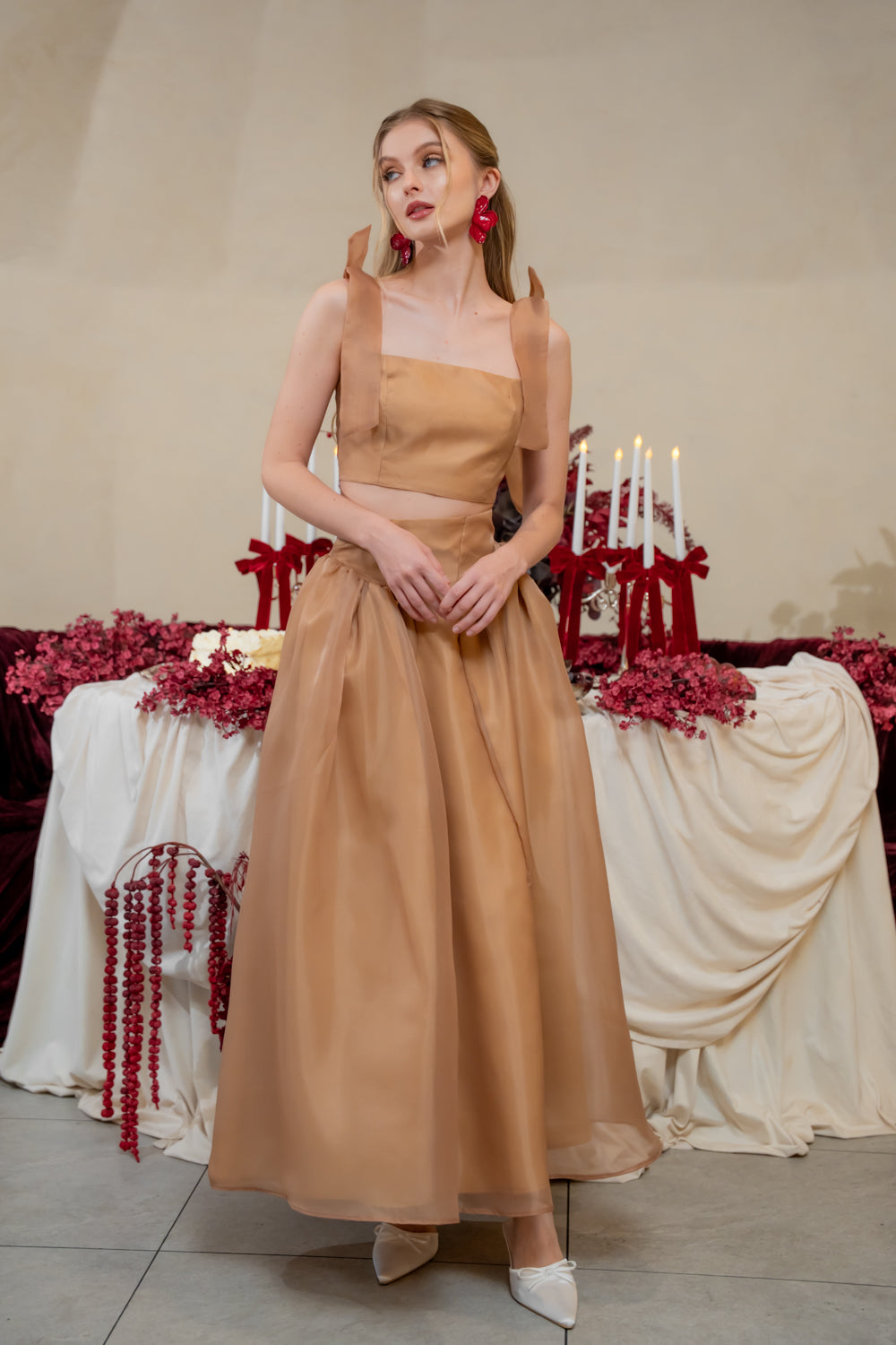 DOMIKA Sleeveless Bow Midi Dress with Drop Waist Shirred Skirt (Tan Cloud Organdy)