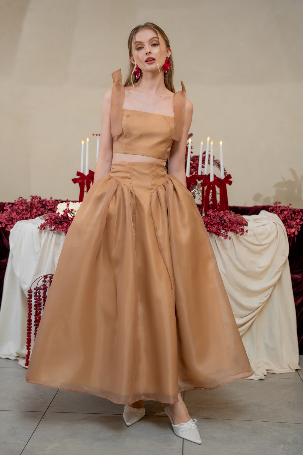 DOMIKA Sleeveless Bow Midi Dress with Drop Waist Shirred Skirt (Tan Cloud Organdy)
