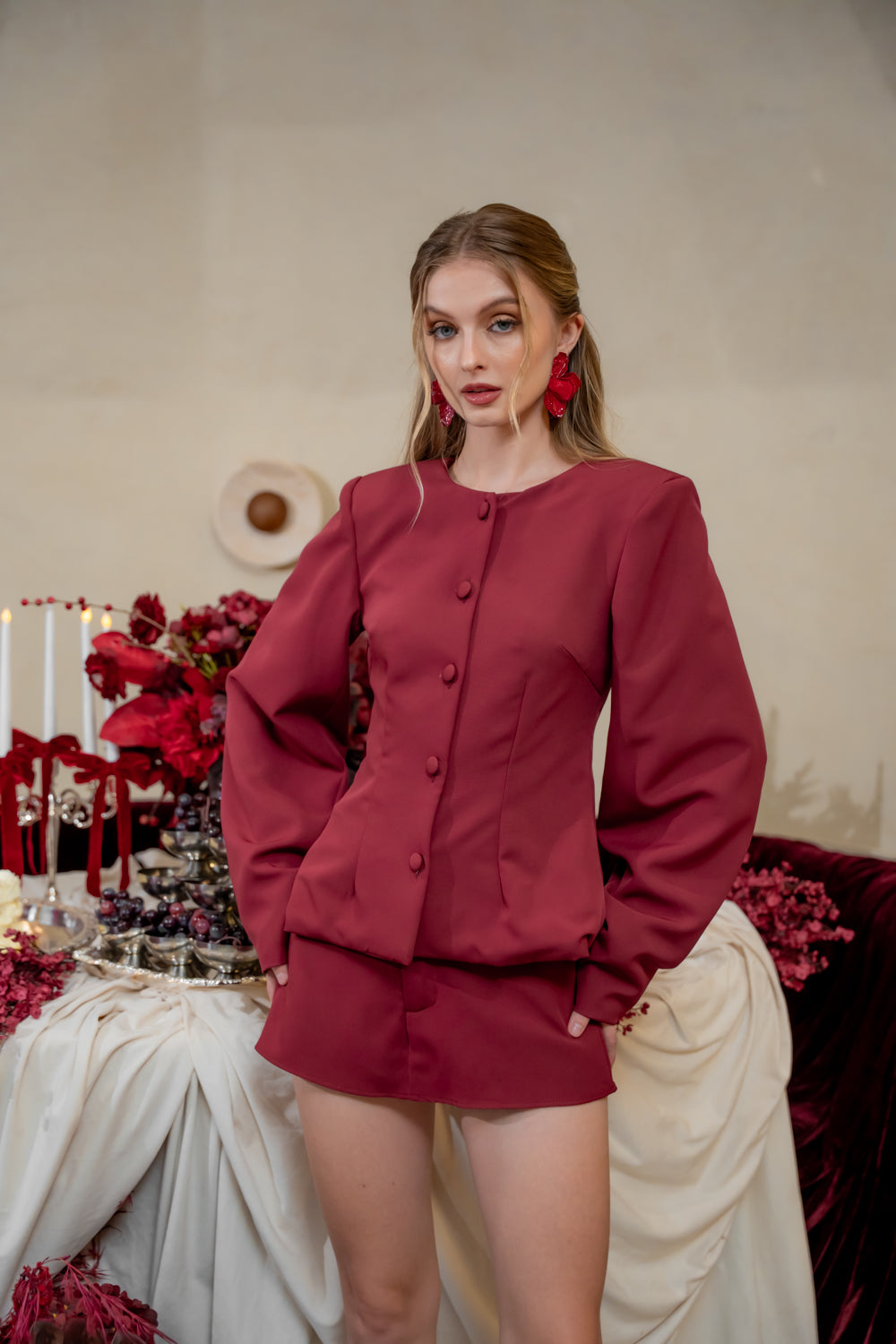 HELENA SET Longsleeve Blazer with Padded Shoulders and Mini Skort (Dark Maroon Neocrepe)