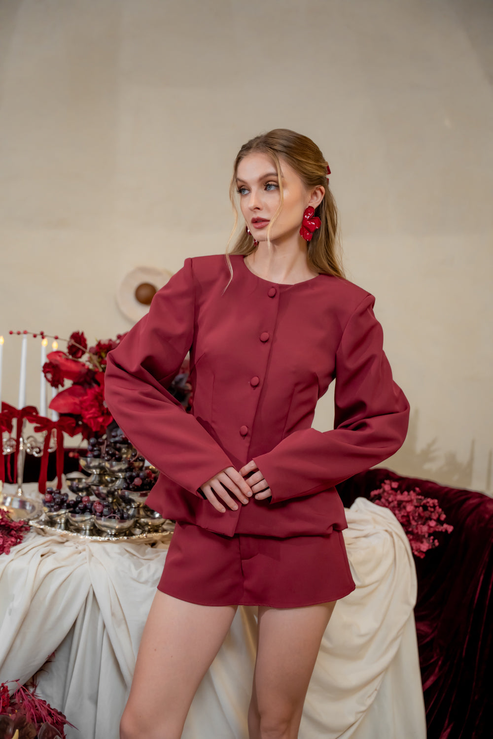 HELENA SET Longsleeve Blazer with Padded Shoulders and Mini Skort (Dark Maroon Neocrepe)