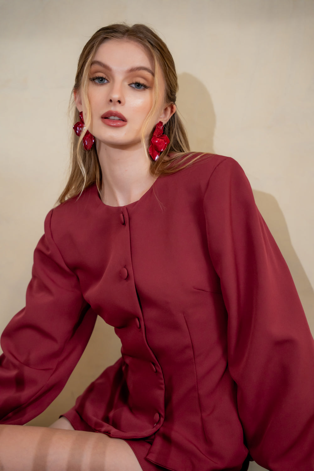HELENA SET Longsleeve Blazer with Padded Shoulders and Mini Skort (Dark Maroon Neocrepe)