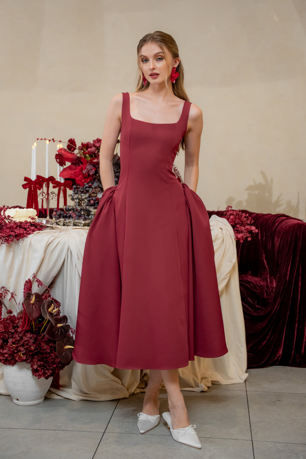 ARABELLA DRESS Sleeveless Midi Dress with Shirred Side Skirt (Dark Maroon Neocrepe)