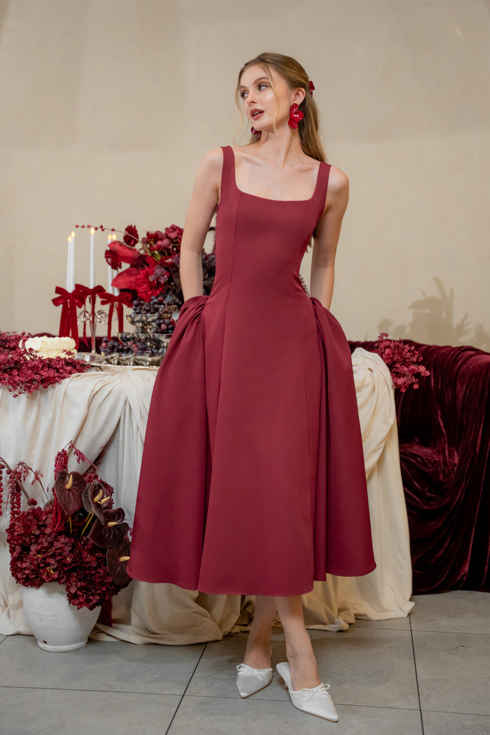 ARABELLA DRESS Sleeveless Midi Dress with Shirred Side Skirt (Dark Maroon Neocrepe)