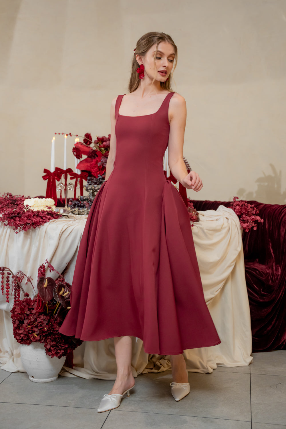 ARABELLA DRESS Sleeveless Midi Dress with Shirred Side Skirt (Dark Maroon Neocrepe)