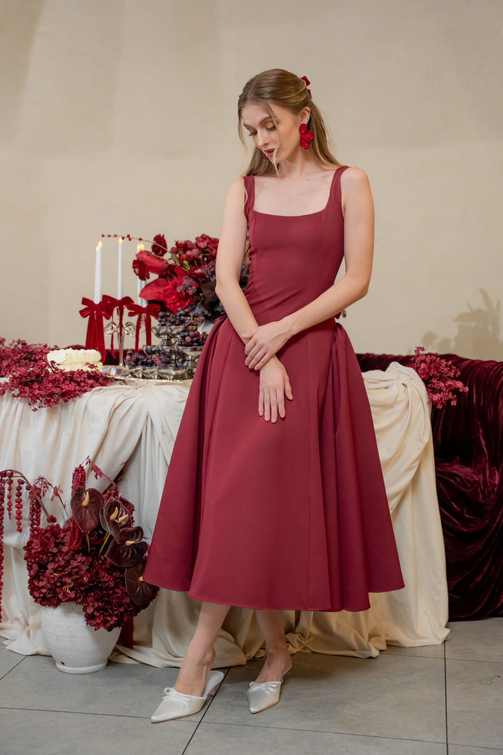 ARABELLA DRESS Sleeveless Midi Dress with Shirred Side Skirt (Dark Maroon Neocrepe)