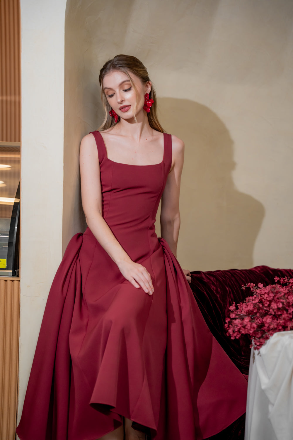 ARABELLA DRESS Sleeveless Midi Dress with Shirred Side Skirt (Dark Maroon Neocrepe)