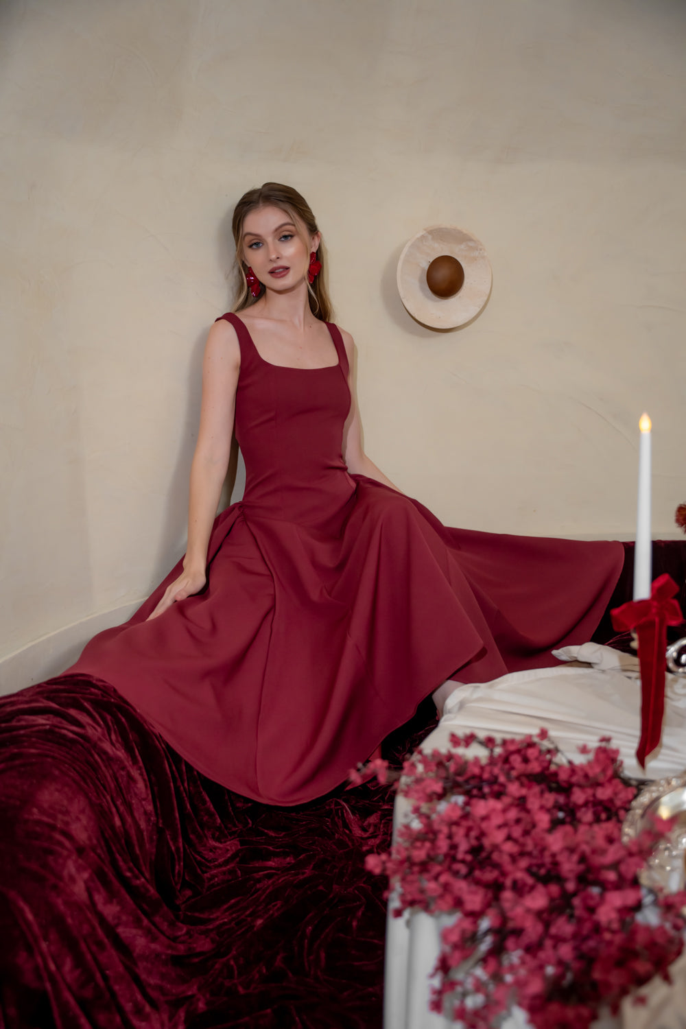 ARABELLA DRESS Sleeveless Midi Dress with Shirred Side Skirt (Dark Maroon Neocrepe)