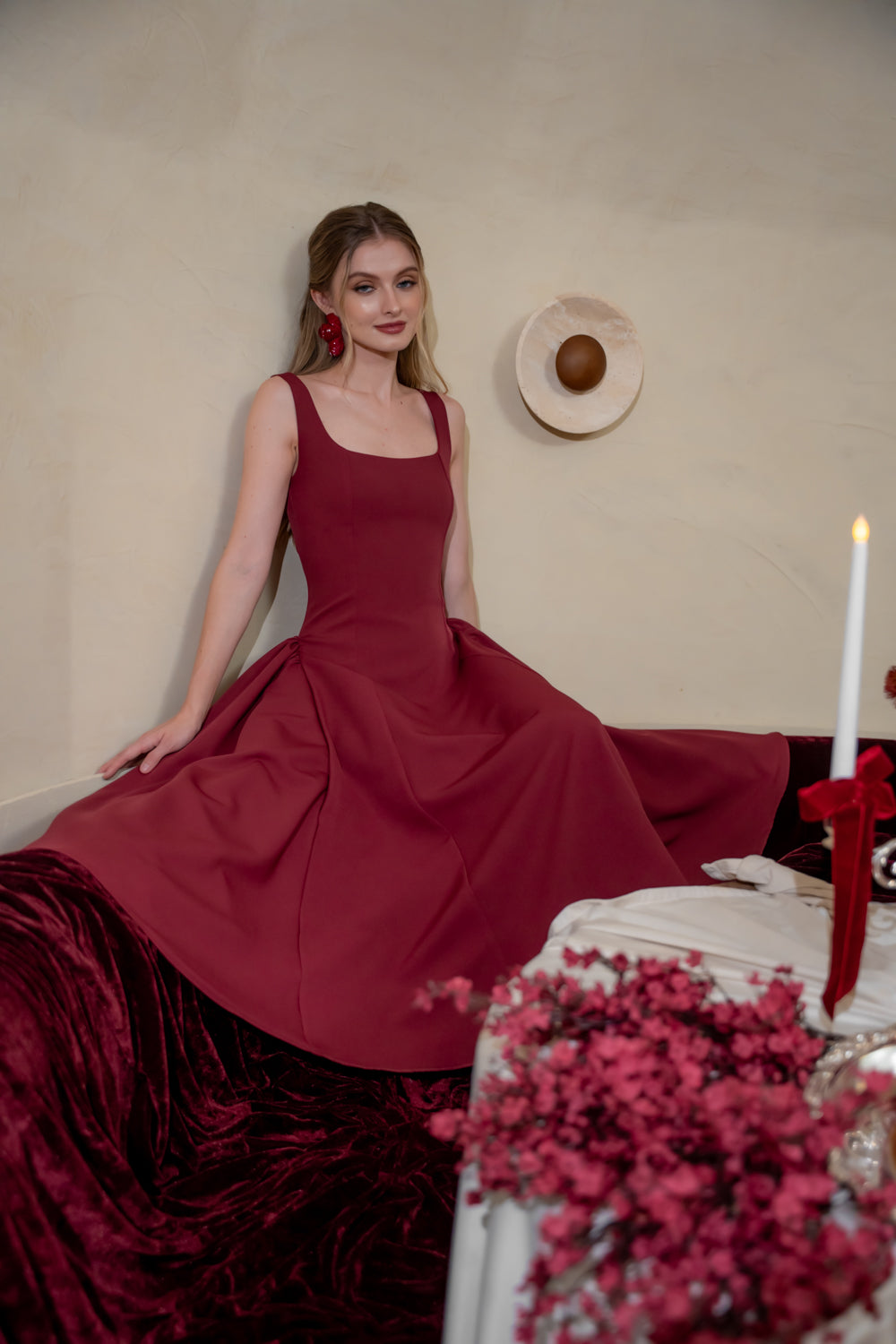 ARABELLA DRESS Sleeveless Midi Dress with Shirred Side Skirt (Dark Maroon Neocrepe)