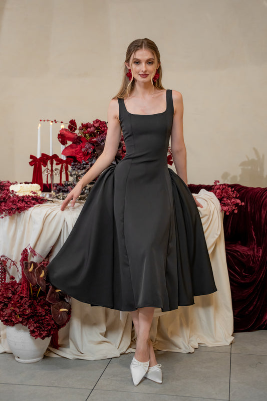 ARABELLA DRESS Sleeveless Midi Dress with Shirred Side Skirt (Black Neocrepe)