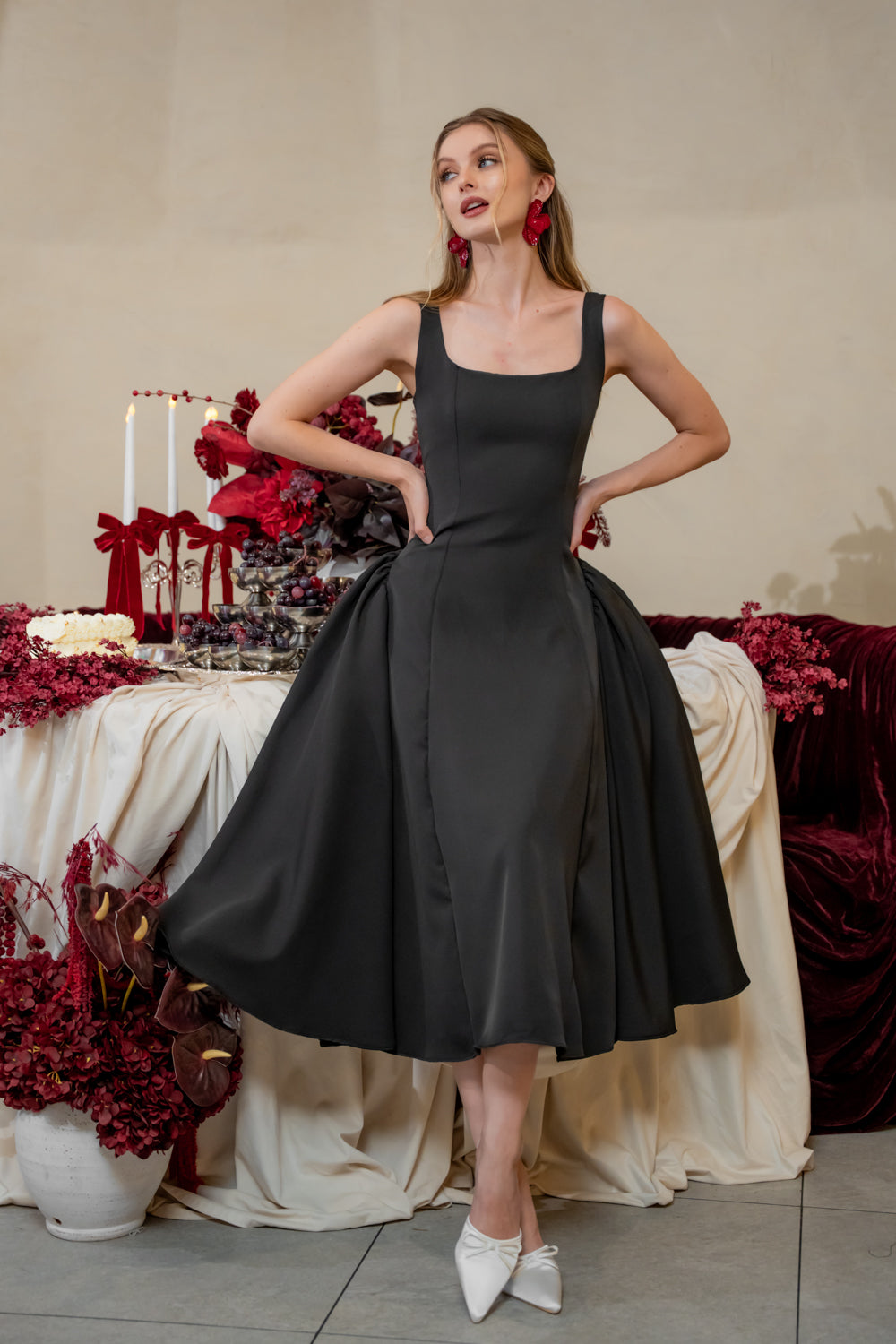 ROSINE DRESS Sleeveless Boat Neck Midi Dress (Black Neocrepe)