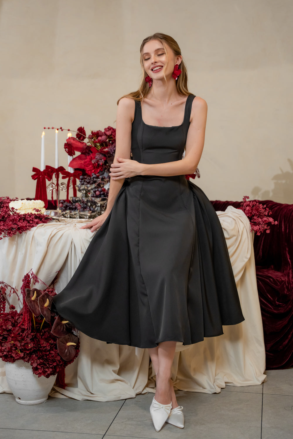 ROSINE DRESS Sleeveless Boat Neck Midi Dress (Black Neocrepe)