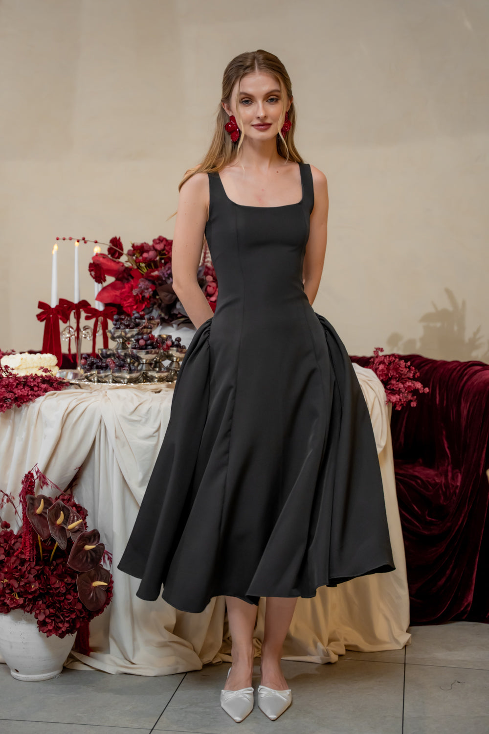 ARABELLA DRESS Sleeveless Midi Dress with Shirred Side Skirt (Black Neocrepe)