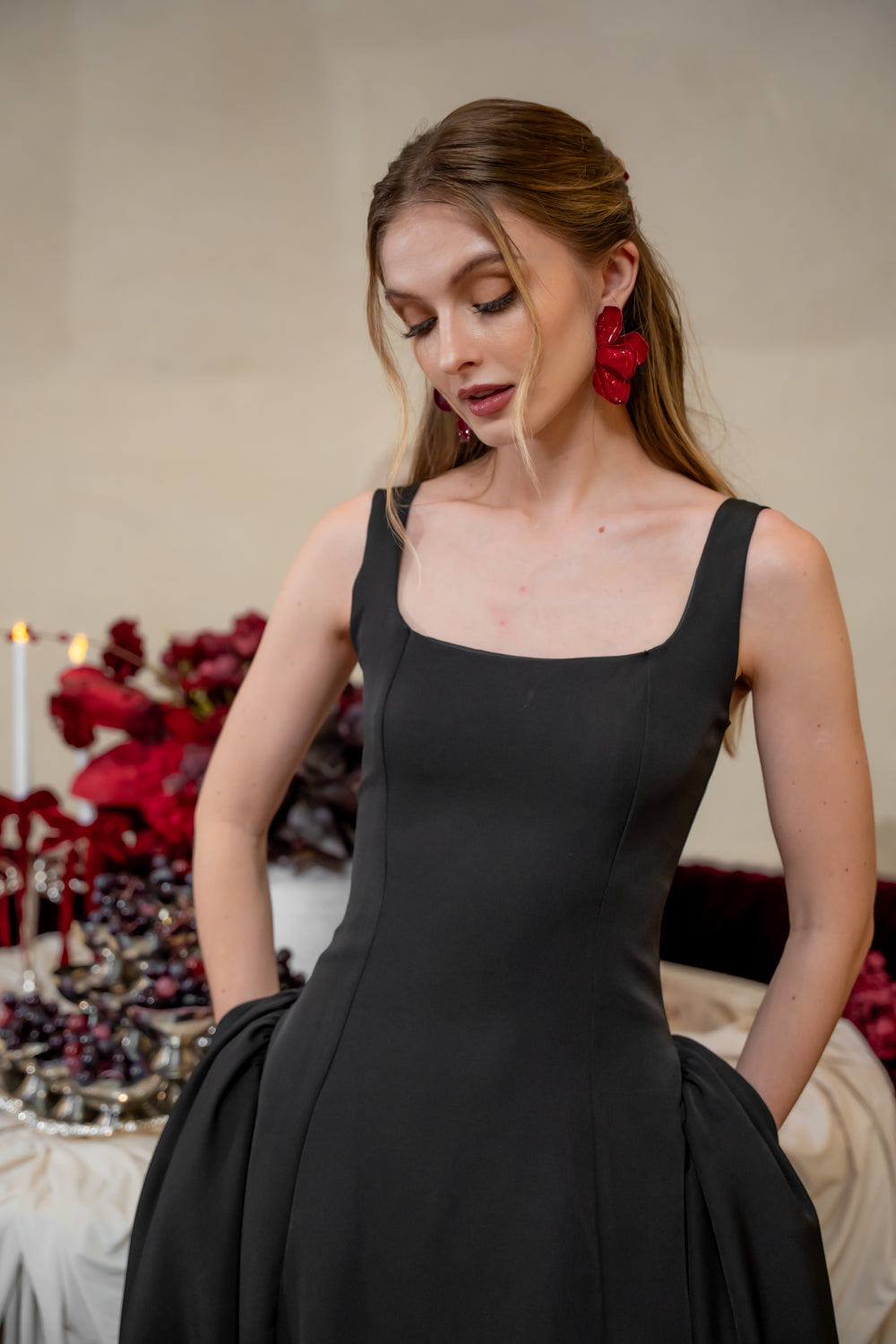 ARABELLA DRESS Sleeveless Midi Dress with Shirred Side Skirt (Black Neocrepe)