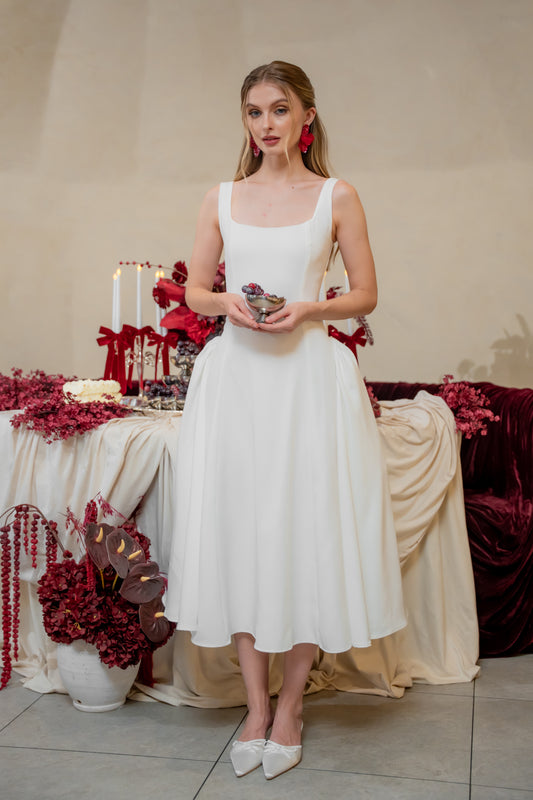 ARABELLA DRESS Sleeveless Midi Dress with Shirred Side Skirt (White Neocrepe)