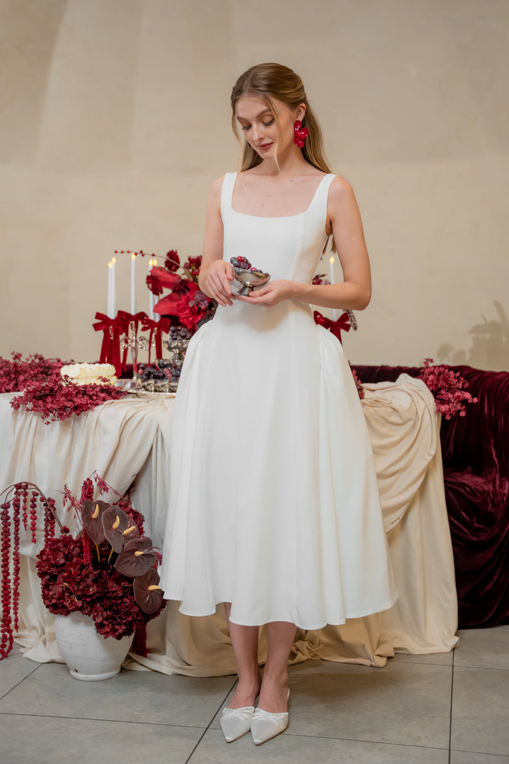 ARABELLA DRESS Sleeveless Midi Dress with Shirred Side Skirt (White Neocrepe)