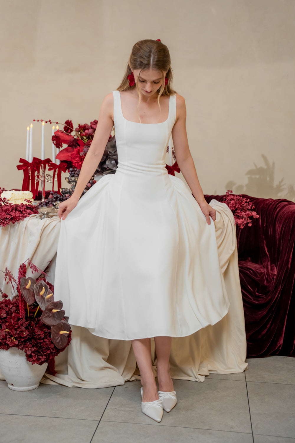 ARABELLA DRESS Sleeveless Midi Dress with Shirred Side Skirt (White Neocrepe)